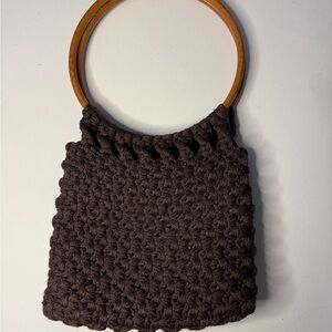 Handcrafted Black Crochet Bag with Wooden Handle
